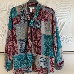 Coldwater Creek Women's SZ S Maroon Blue Cream Blouse Front 1/2 Button w/ Tie